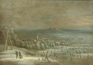 Lucas van Uden - An Extensive Winter Landscape With Travellers On A Path And Skaters On A Frozen Lake