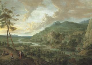 Lucas van Uden - An extensive wooded river landscape with figures on a path in the forground, a village and a fortess in mountains beyond