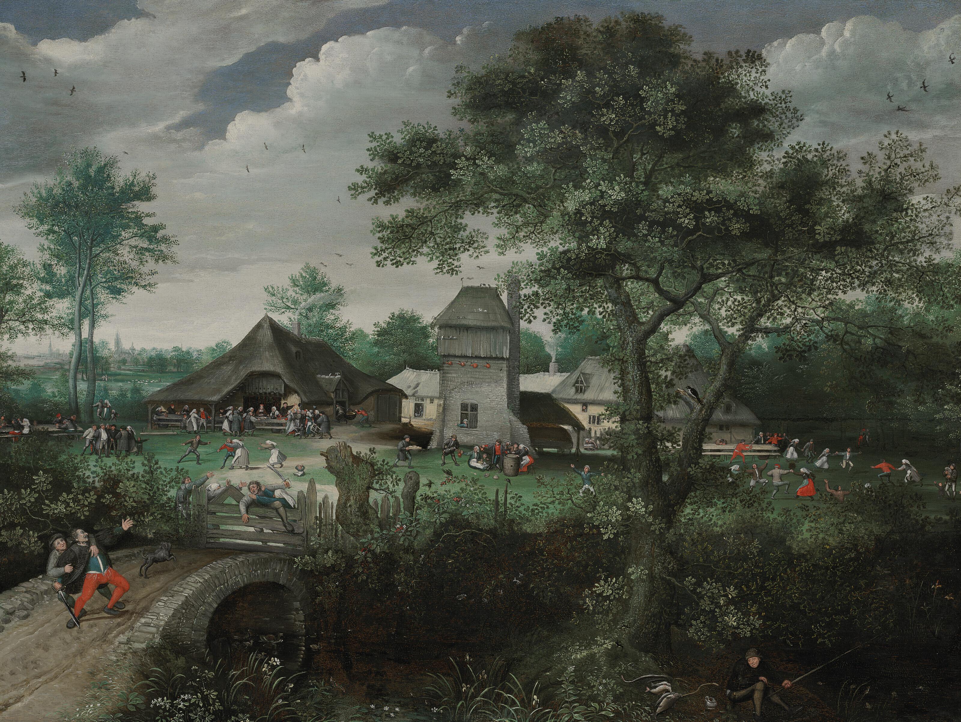Lucas Van Valckenborch I - A landscape with a peasant wedding and a village festival, Antwerp beyond