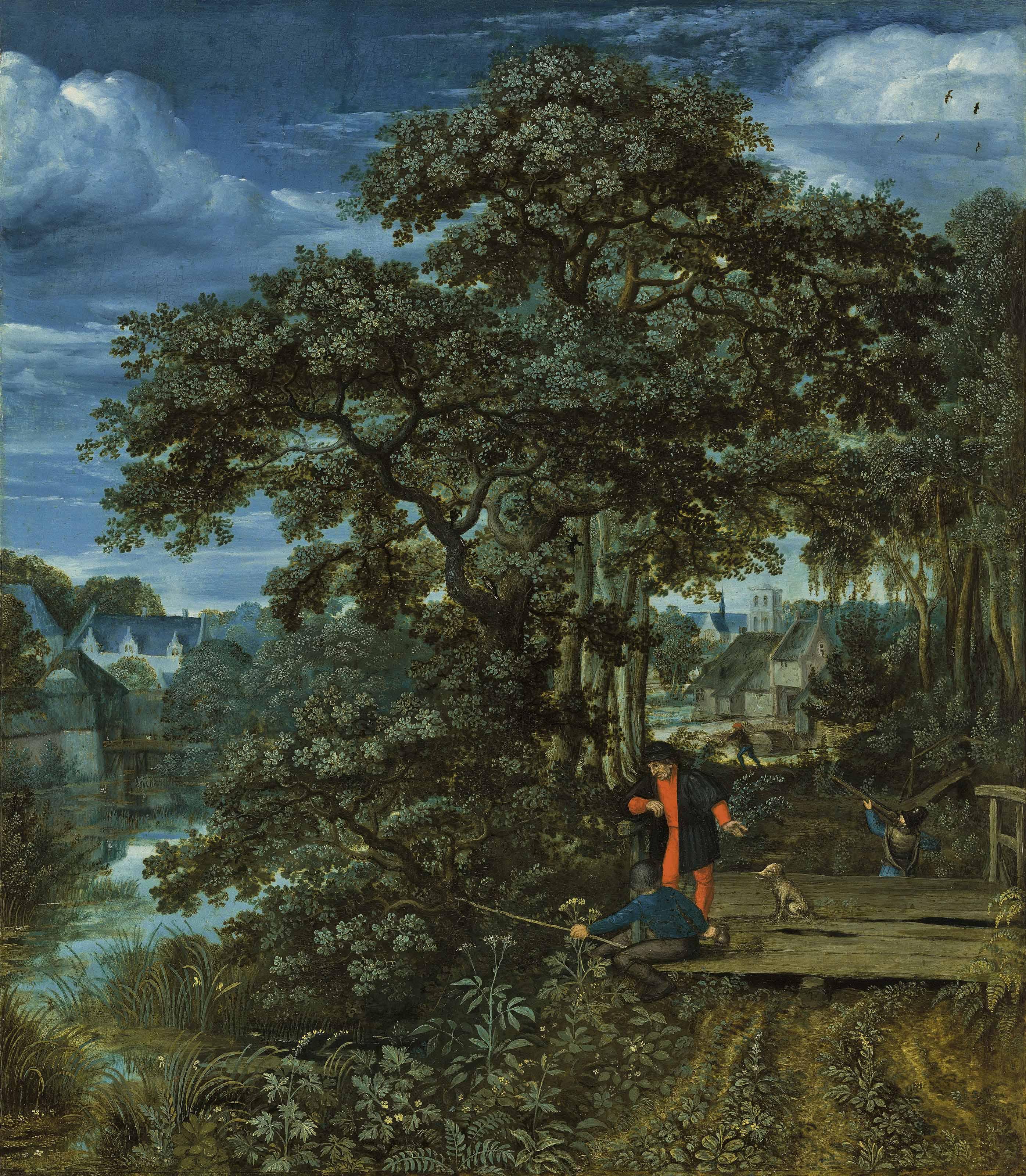 Lucas Van Valckenborch I - A wooded, river landscape with an angler