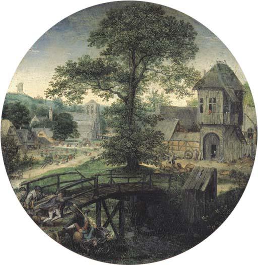 Lucas Van Valckenborch - A river landscape with the Blind leading the Blind, a kermesse in a village beyond