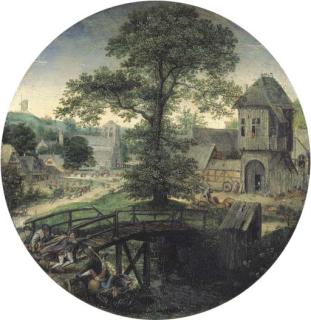 Lucas Van Valckenborch - A river landscape with the Blind leading the Blind, a kermesse in a village beyond
