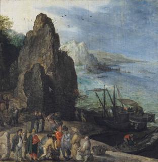 Lucas Van Valckenborch - A Rocky Coastal Landscape With Fishermen And Merchants Near A Landing Stage