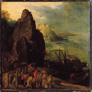 Lucas Van Valckenborch - A rocky coastal landscape with fishermen and merchants near a landing stage