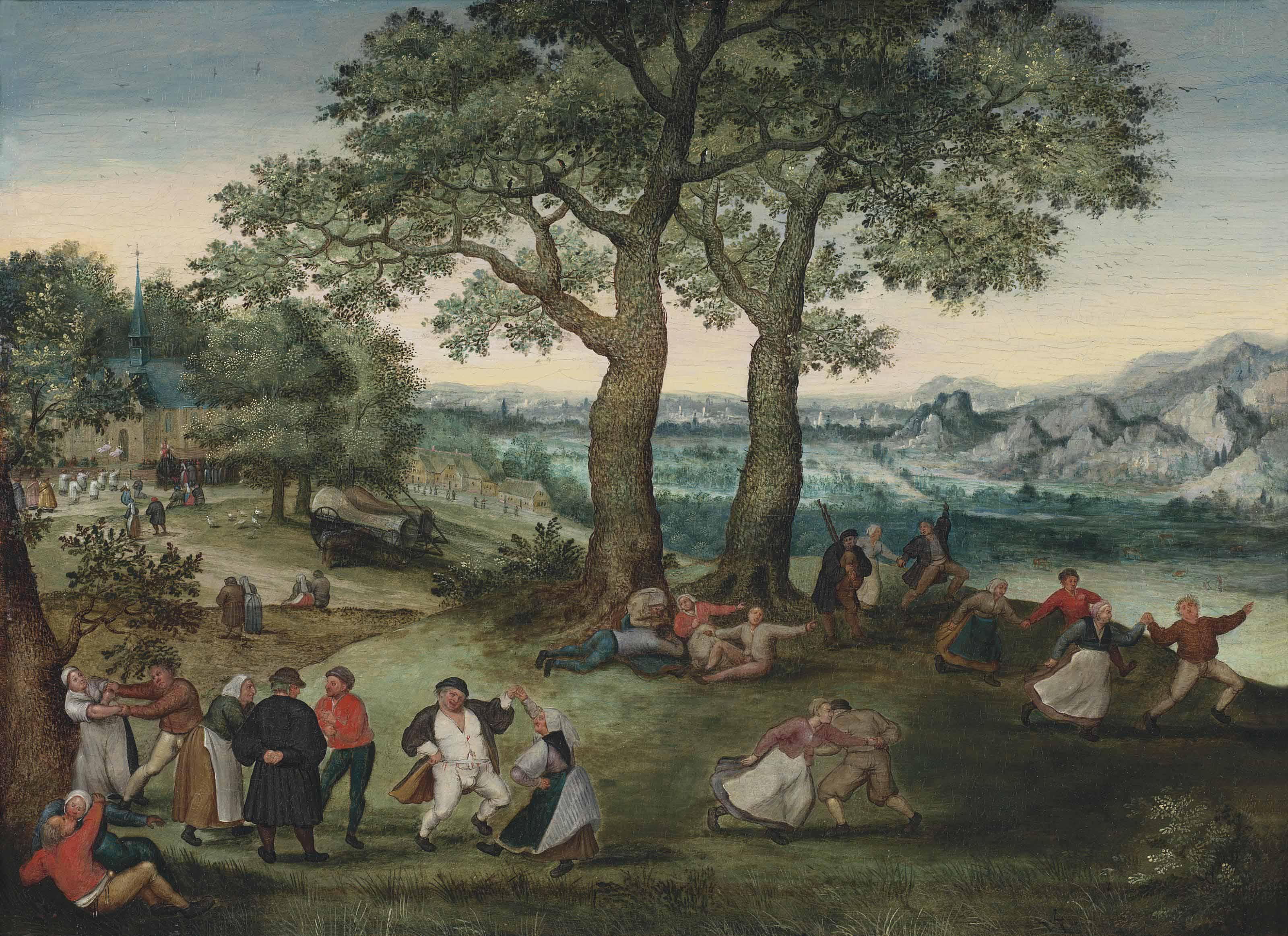 Lucas van Valckenborch - A Village Kermesse With A Church, A Mountainous Landscape Beyond