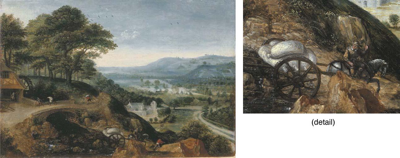 Lucas Van Valckenborch - An extensive river landscape with millers on a road approaching a watermill, and a horse-drawn carriage with flour sacks crossing a ford in the foreground, a possible view of the Aartal valley beyond