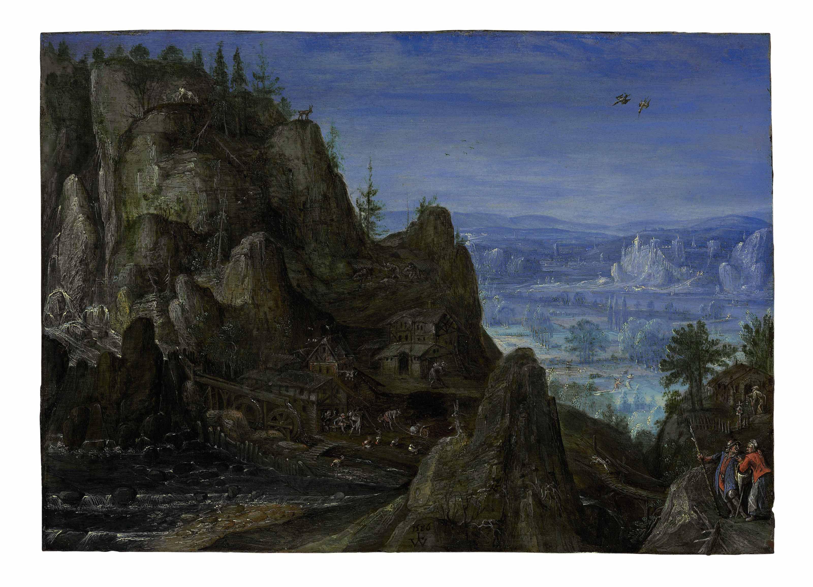 Lucas van Valckenborch - An extensive rocky landscape with travellers on a path and a mill beyond