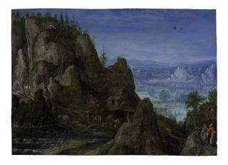 Lucas van Valckenborch - An extensive rocky landscape with travellers on a path and a mill beyond