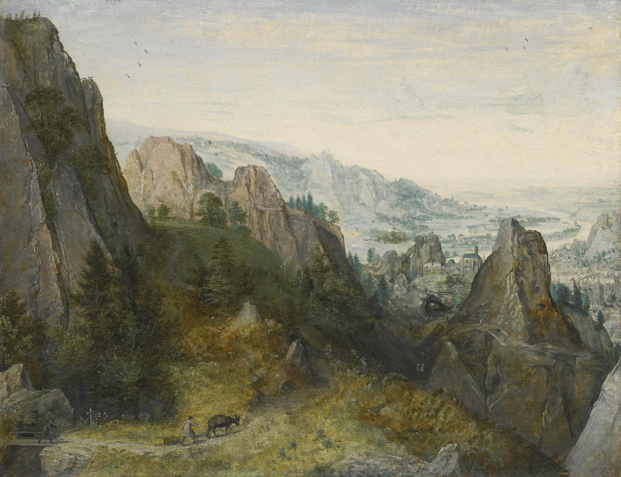 Lucas Van Valckenborch - Rocky Landscape With Travellers On A Path, With A View Of A Town, Believed To Be Huy, In The Valley Beyond
