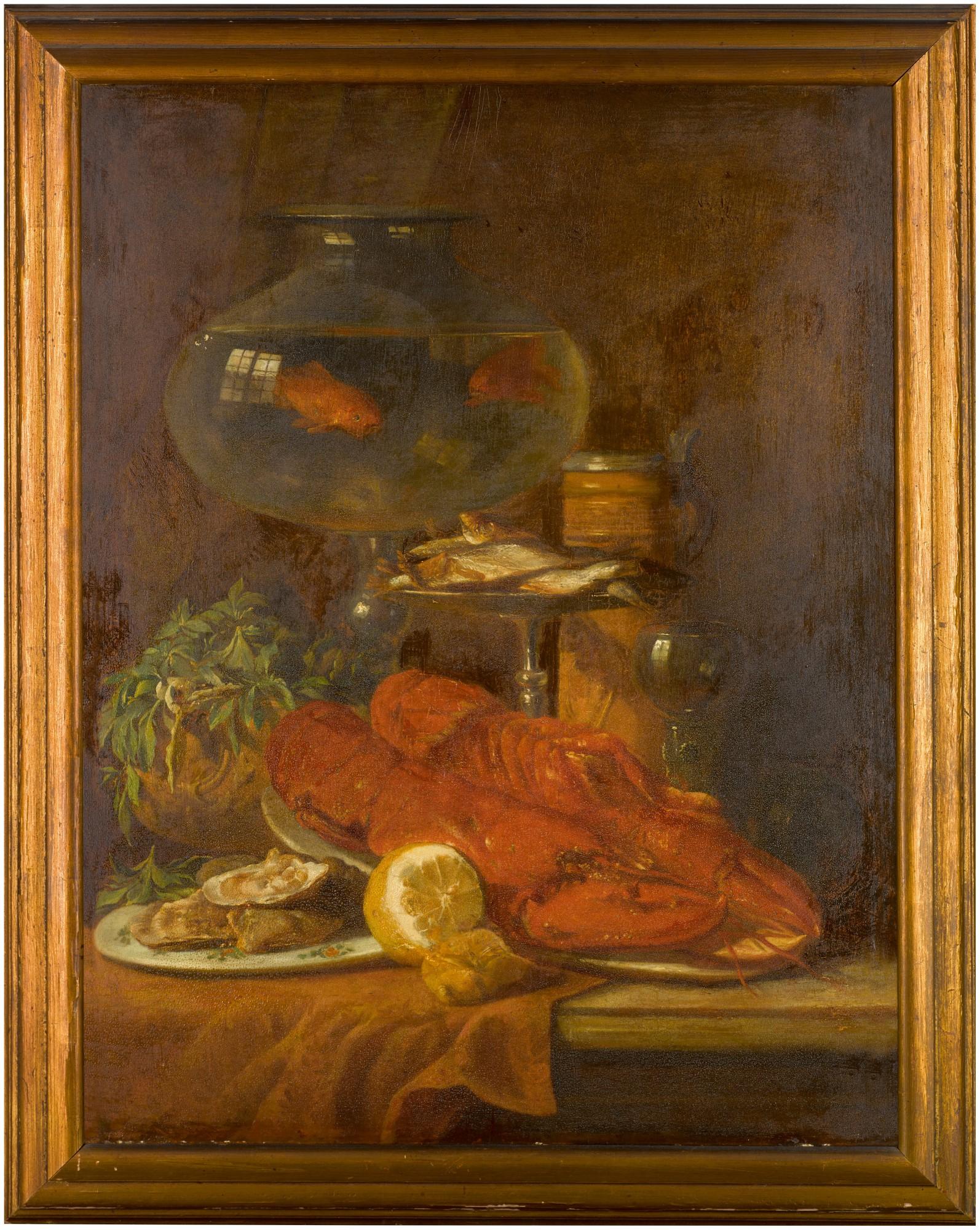 Lucas Victor Schaefels - Still-life with shellfish, fish, lemons and goldfish in a bowl