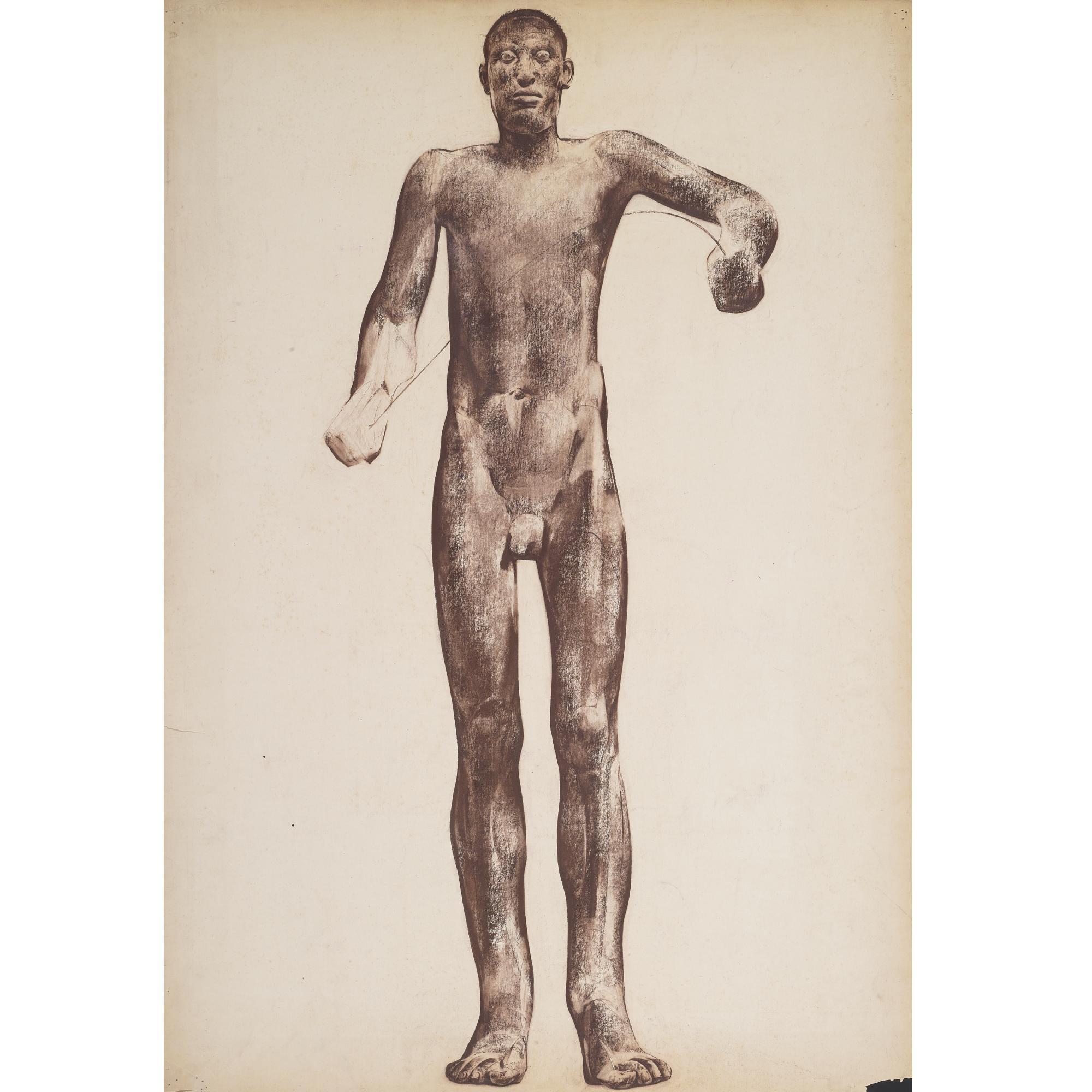 Luciano Miori - Standing Male Nude, Flexing A Pole