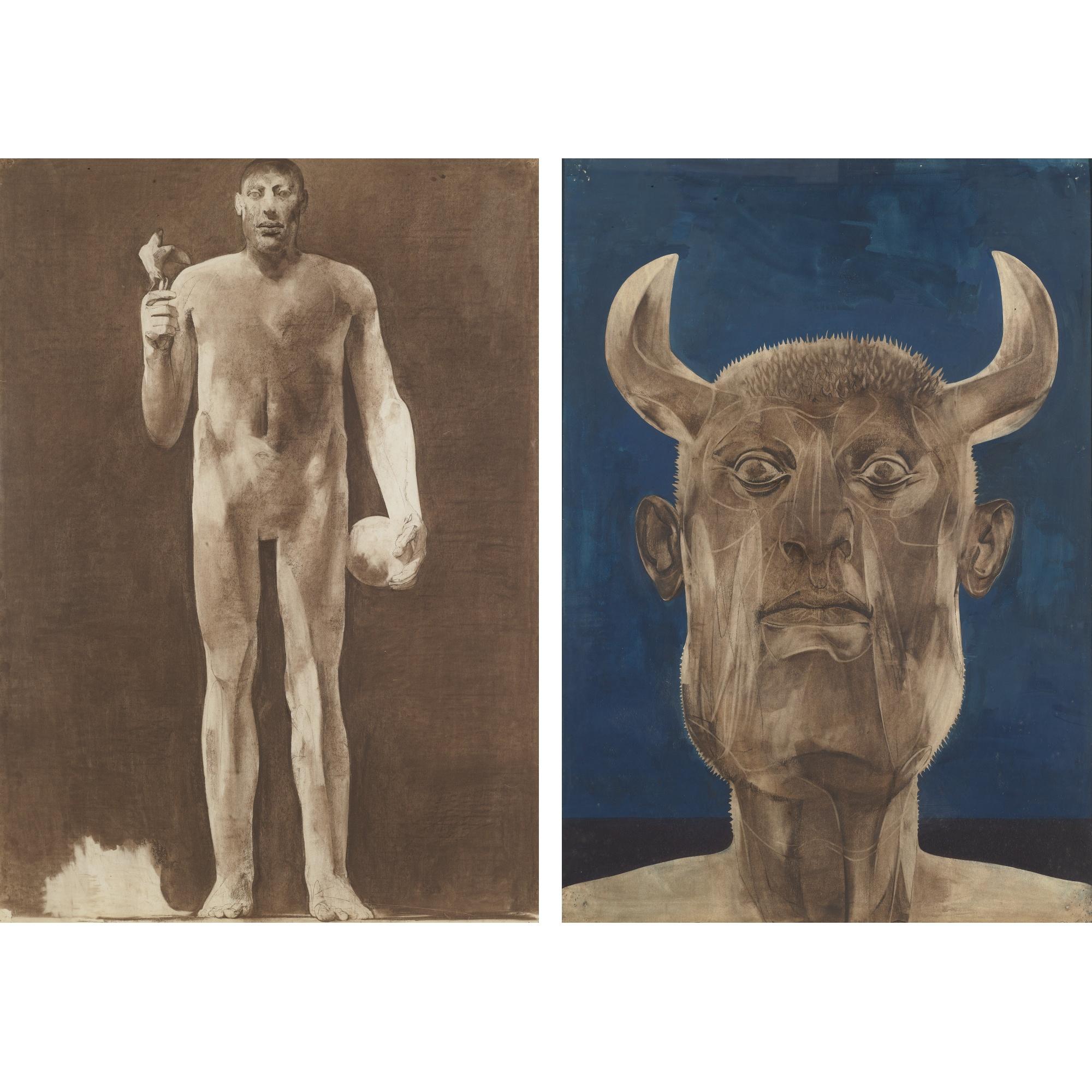 Luciano Miori - Untitled (Man With Ball And Bird); Untitled (Man With Horns): Two Drawings