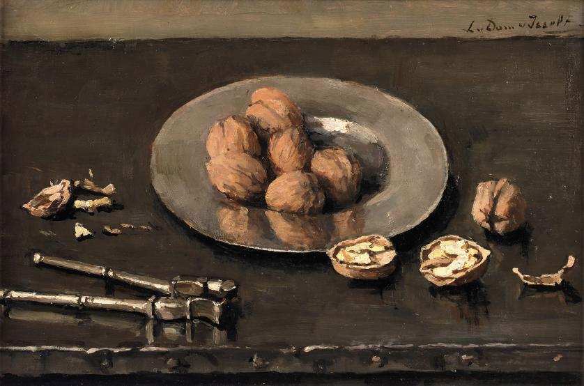 Lucie Van Dam Van Isselt - A still life with walnuts on a pewter plate
