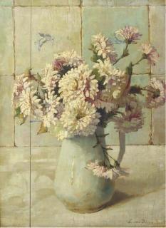 Lucie Van Dam Van Isselt - Chrysanthemums in a jug by a tiled wall