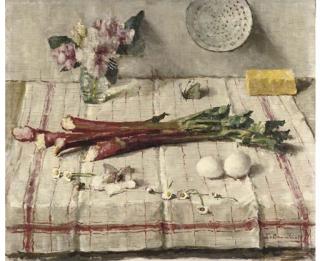 Lucie van Dam van Isselt - Voorjaar -  A still life with rhubarb, eggs, flowers and a butterfly