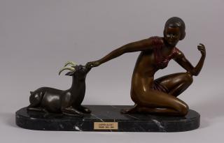 Lucien Alliot - Draped Nude Patting a Gazelle height 14 3/8 in.