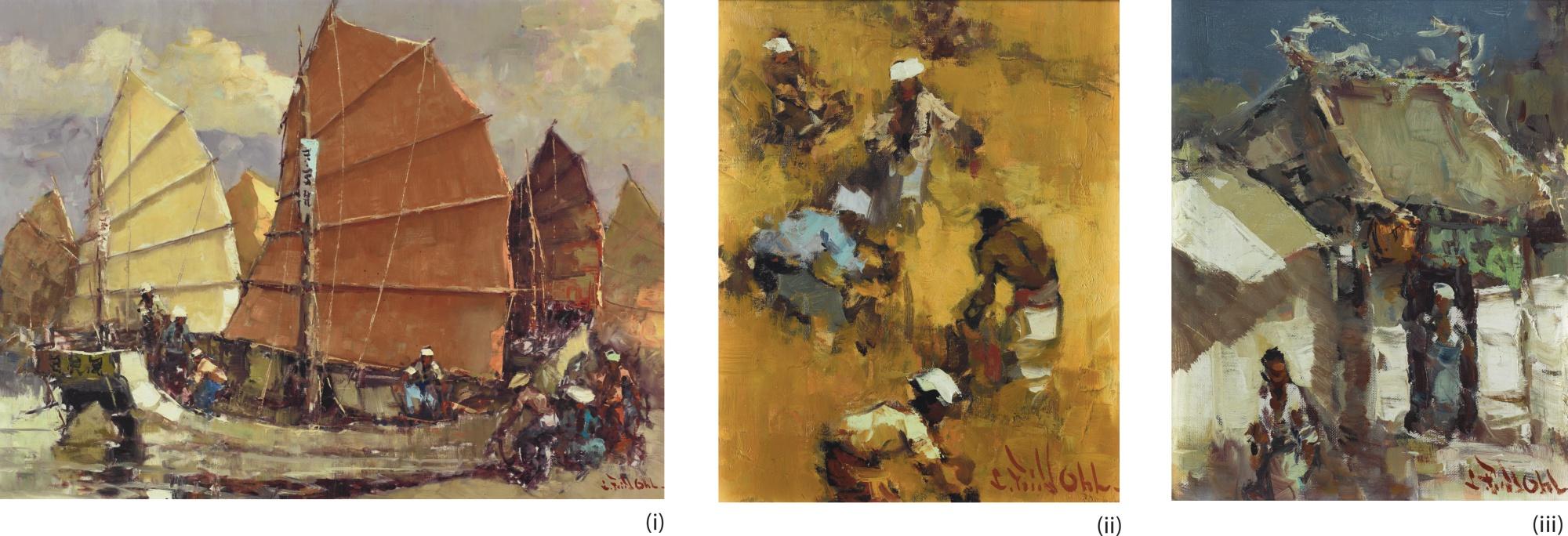 Lucien Frits Ohl - (I) Harbour Scene With Sampans (Ii) Rice Field (Iii) On The Way