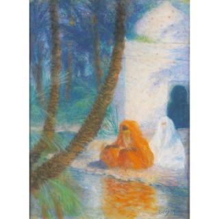 Lucien Lévy-Dhurmer - Deux Femmes Assises Sous Un Palmierlucien Lévy-Dhurmer ; Arabian Women Seated Under A Palm-Tree ; Signed Lower Right ; Pastel