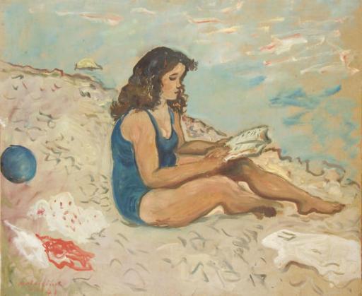 Lucien Mainssieux - Jeune femme lisant sur la plage