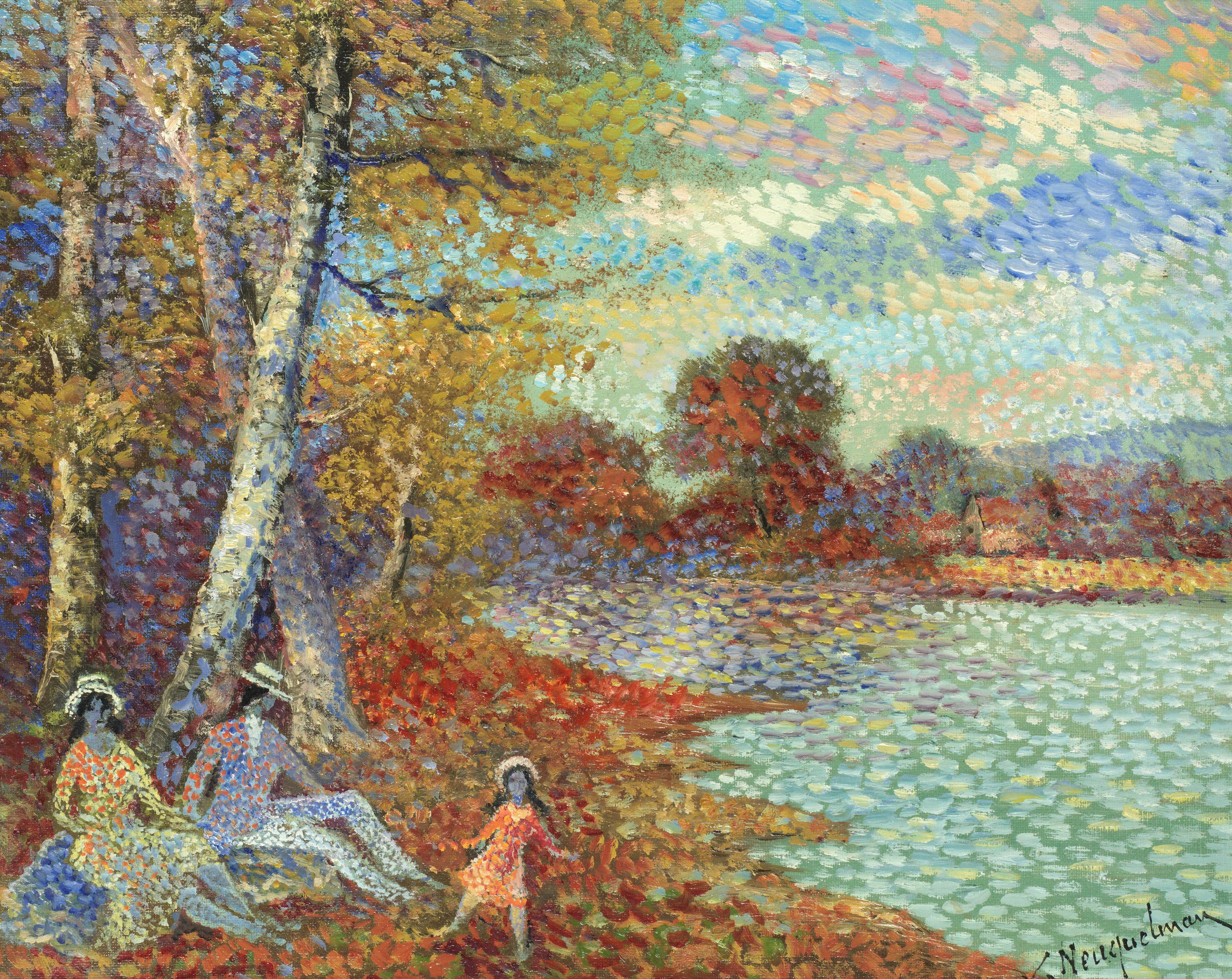 Lucien Neuquelman - Couple Et La Fillette Repos Près Du Lac