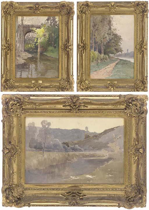 Lucien Peri - River landscape at dusk; A riverside path; and Before the bridge