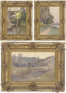 Lucien Peri - River landscape at dusk; A riverside path; and Before the bridge