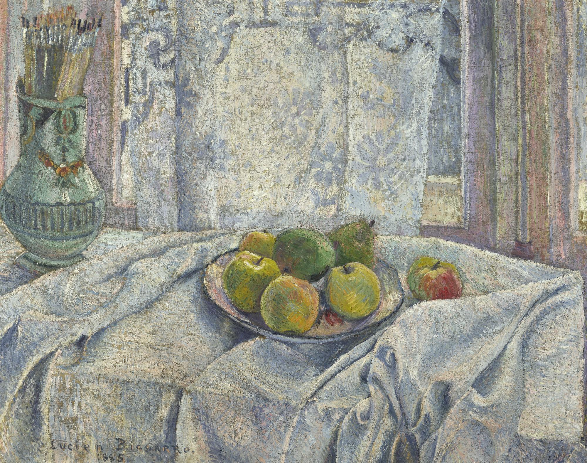 Lucien Pissarro - Apples On Table-Cloth Against A Lace-Curtained Window