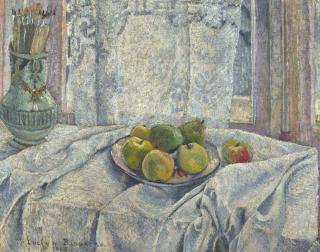 Lucien Pissarro - Apples On Table-Cloth Against A Lace-Curtained Window