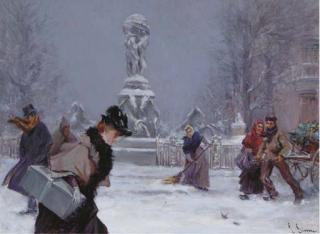 Lucien Simon - A snow covered square with figures