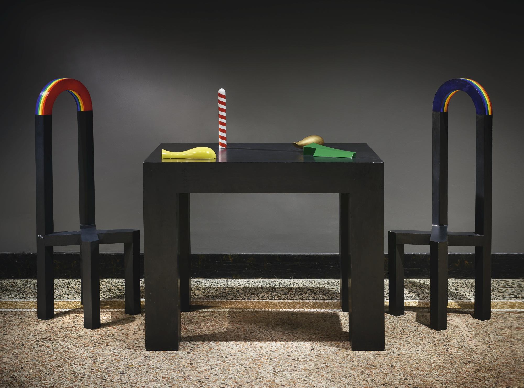 Lucio Del Pezzo - Tavolo E Due Sediesigned (One Of The Chair), Laquered Wood. Executed In 1988. Unique Works. There Are Other Versions With Different Measures And Elements. This Work Is Accompanied By A Photo-Certificate Signed By Lucio Del Pezzo.