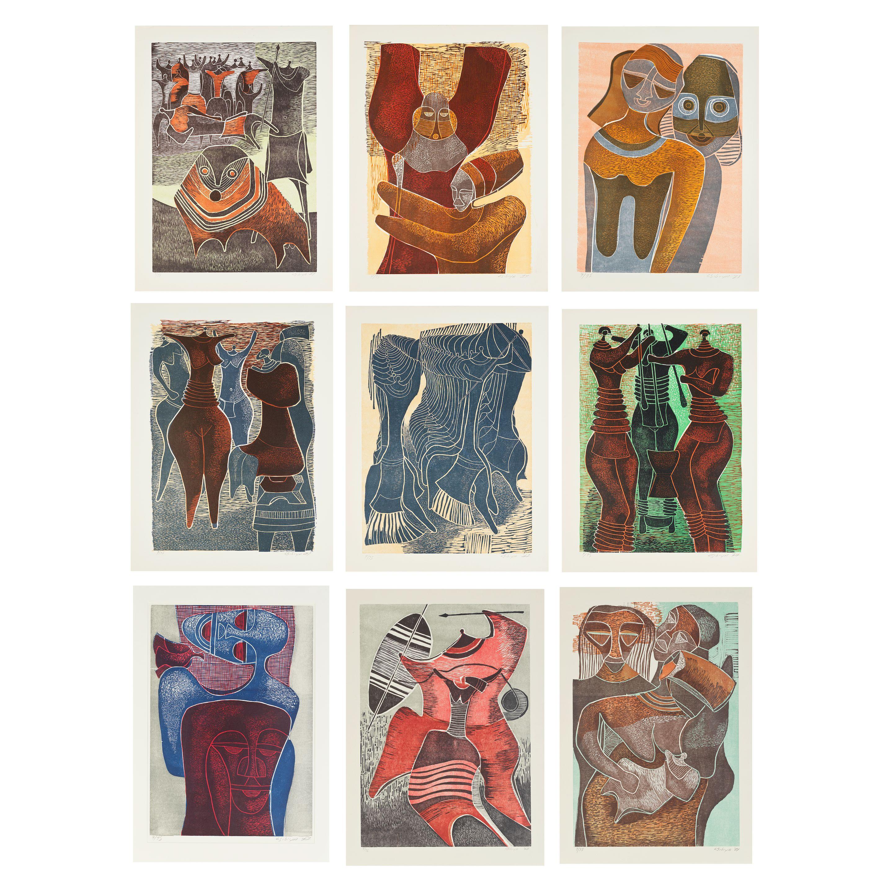 Lucky Madlo Sibiya - Nine woodblock prints (i-ix):