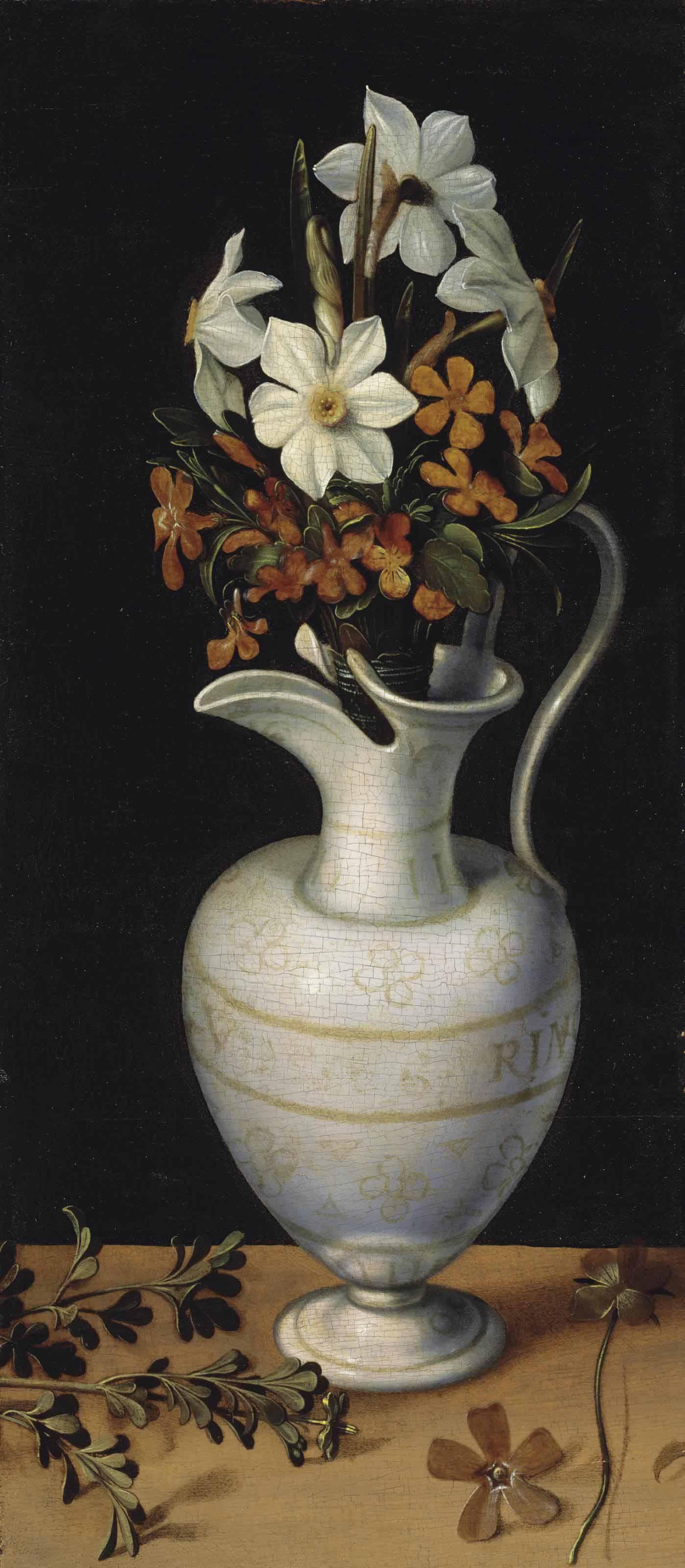 Ludger Tom Ring II - Narcissi, Calamine Violets And Periwinkle In A Façon-De-Venise Ewer, On A Ledge With A Sprig Of Rue