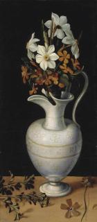 Ludger Tom Ring II - Narcissi, Calamine Violets And Periwinkle In A Façon-De-Venise Ewer, On A Ledge With A Sprig Of Rue