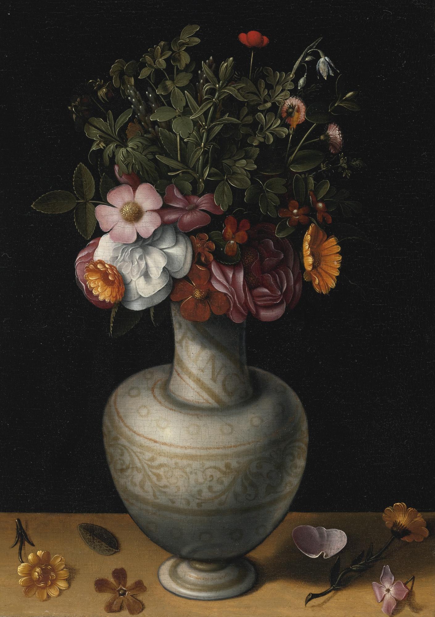 Ludger Tom Ring The Younger - Still Life With Wild Roses, Peonies And Other Flowers In A White Earthenware Vase