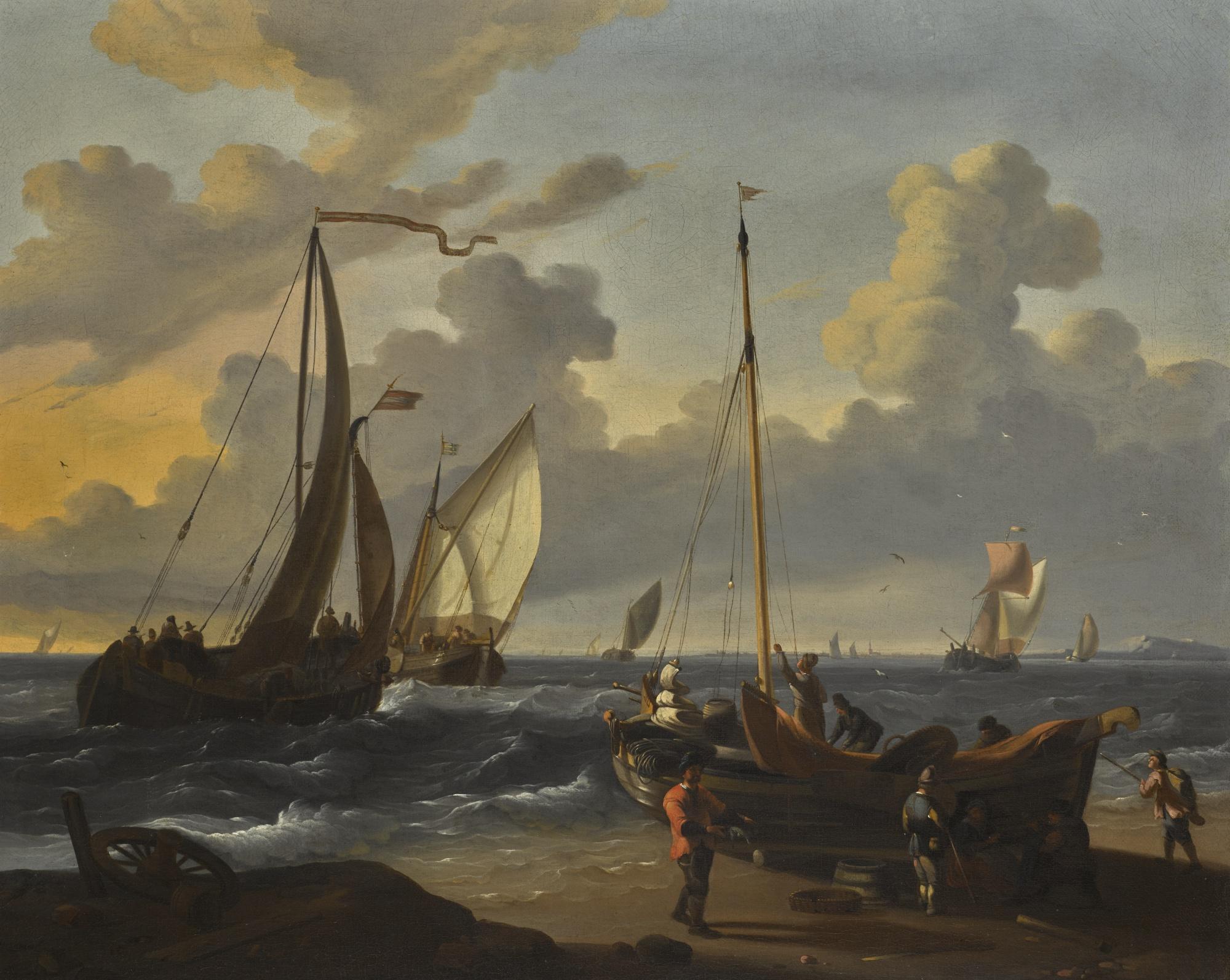 Ludolf Backhuysen - A Fishing Pink Being Made Ready To Be Launched From A Beach In A Breeze, With Small Dutch Vessels Inshore 