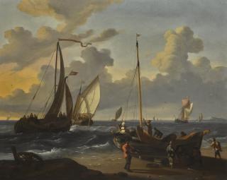 Ludolf Backhuysen - A Fishing Pink Being Made Ready To Be Launched From A Beach In A Breeze, With Small Dutch Vessels Inshore 