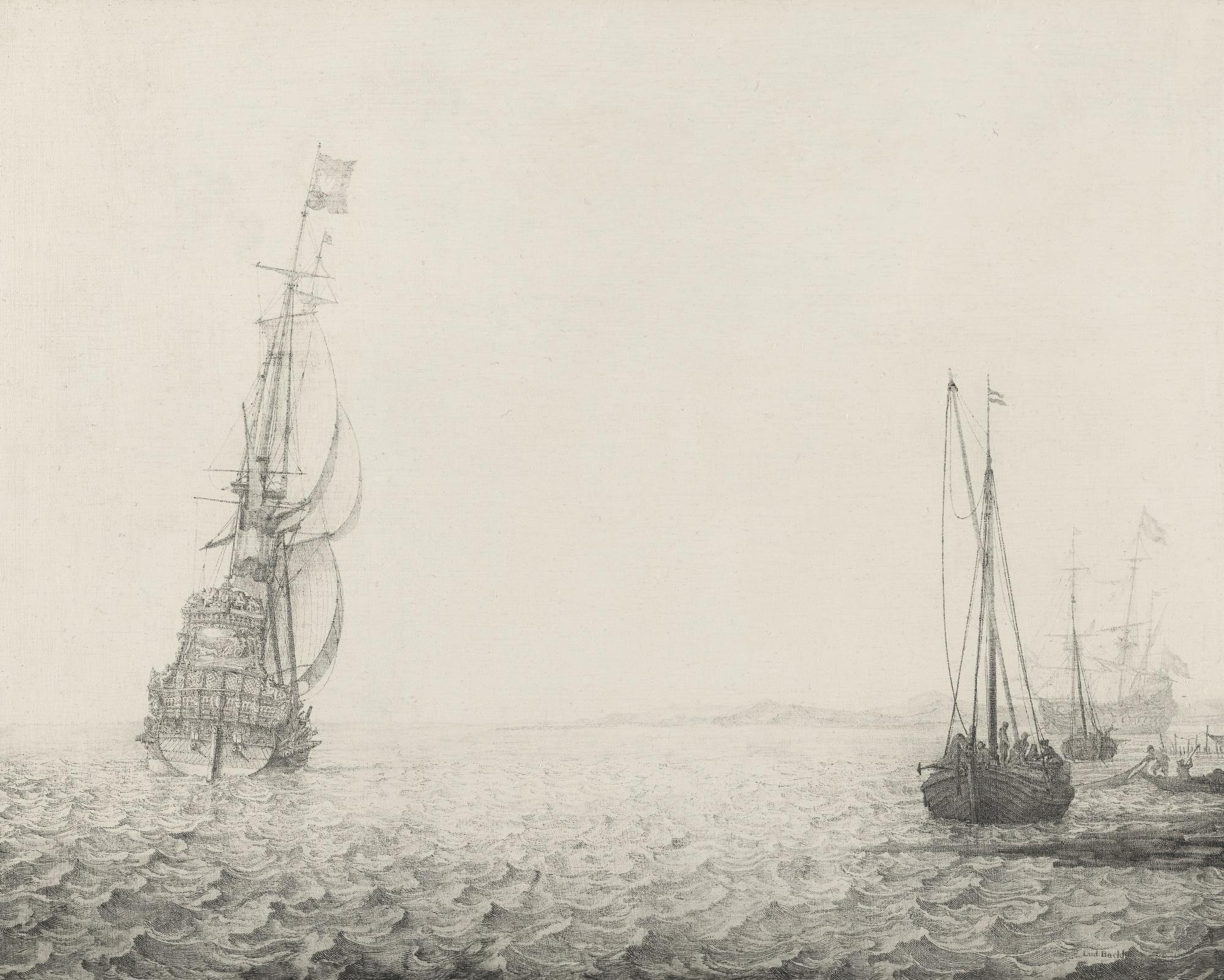 Ludolf Backhuysen - A Man-O-War, Together With Boats And Fishermen Hauling In Their Catch