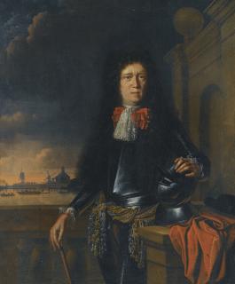 Ludolf Backhuysen - A Portrait Of Jan Van Broeckhuizen With Ships In The Background