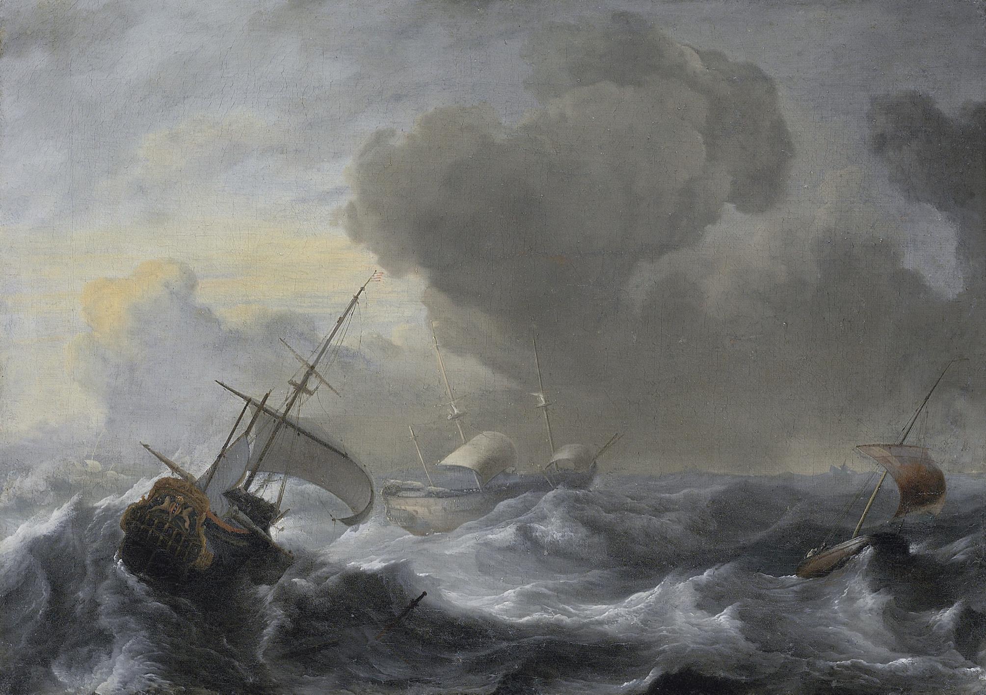 Ludolf Backhuysen - A Threemaster With The Amsterdam Coat-Of-Arms, With Other Vessels, In A Storm