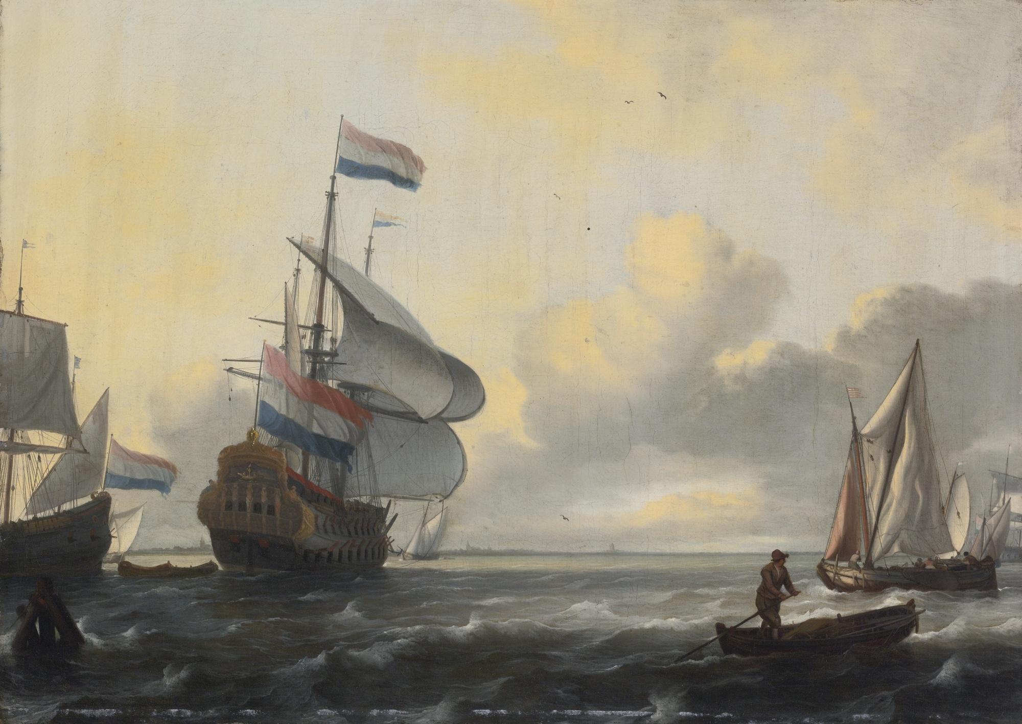 Ludolf Backhuysen - A Two-Decker, A Fluyt, A Kaag And A Weyschuit In A Stiff Breeze