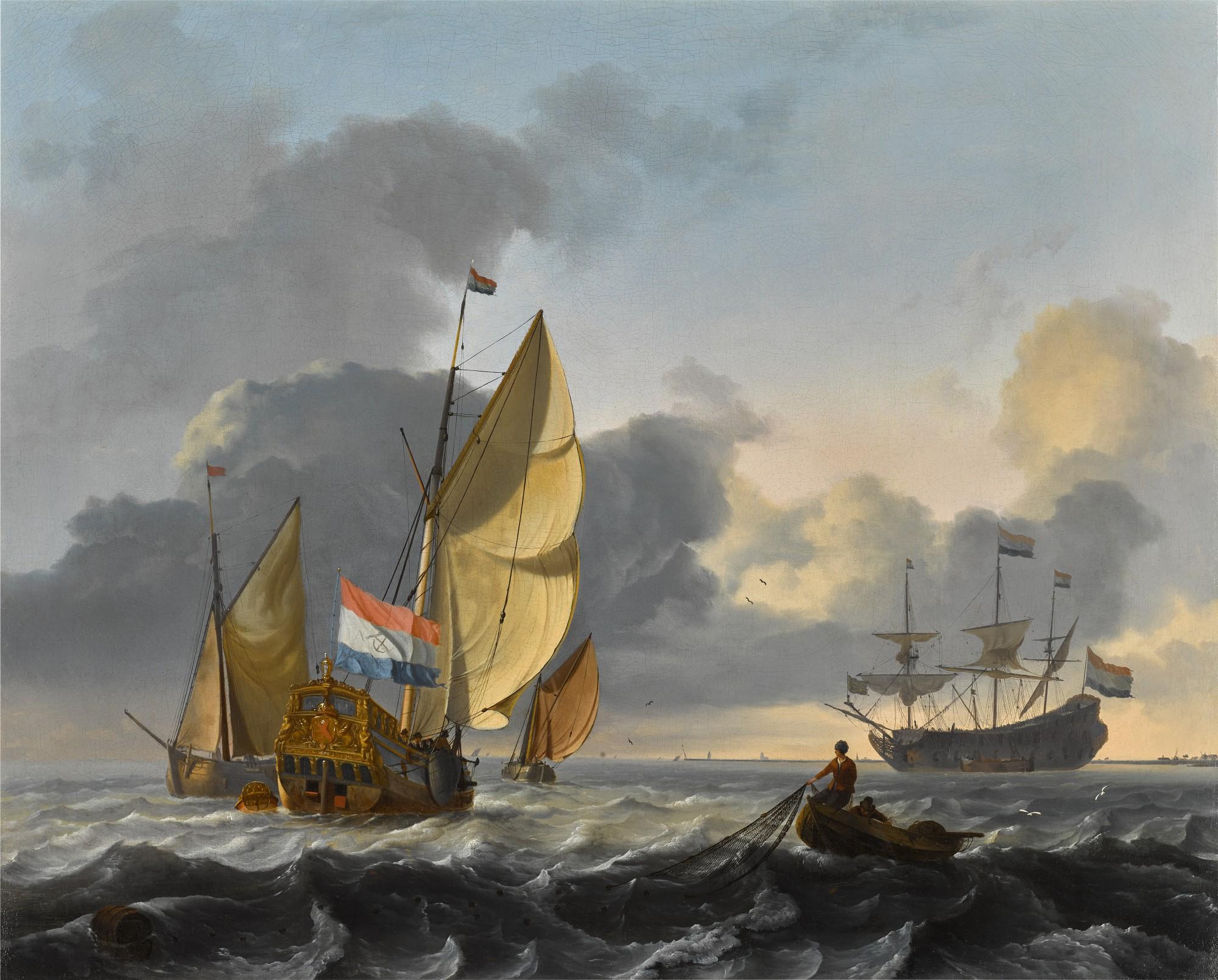 Ludolf Backhuysen - A view of the Texel, with two fishermen hauling in their nets, a yacht of the admiralty of Amsterdam and a man-o\'-war beyond