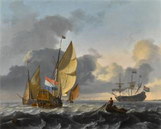 Ludolf Backhuysen - A view of the Texel, with two fishermen hauling in their nets, a yacht of the admiralty of Amsterdam and a man-o\'-war beyond