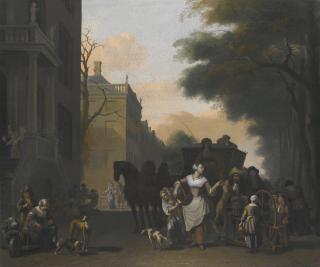 Ludolf Backhuysen - An Amsterdam Street Scene, With A Maid Flirting With A Knife Grinder On A Canal