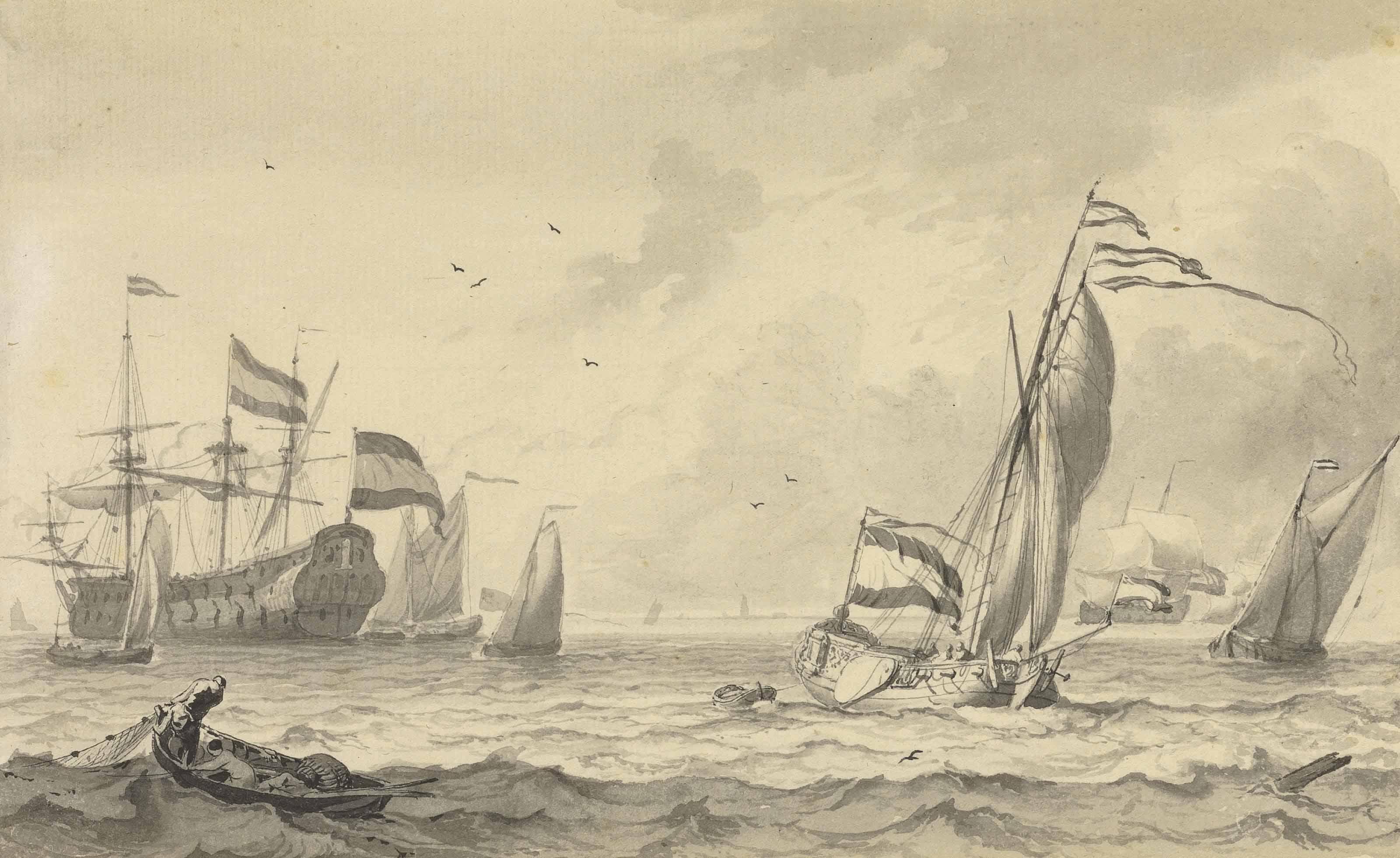 Ludolf Backhuysen - Dutch Shipping, A Yacht And A Fishing Boat In A Light Breeze