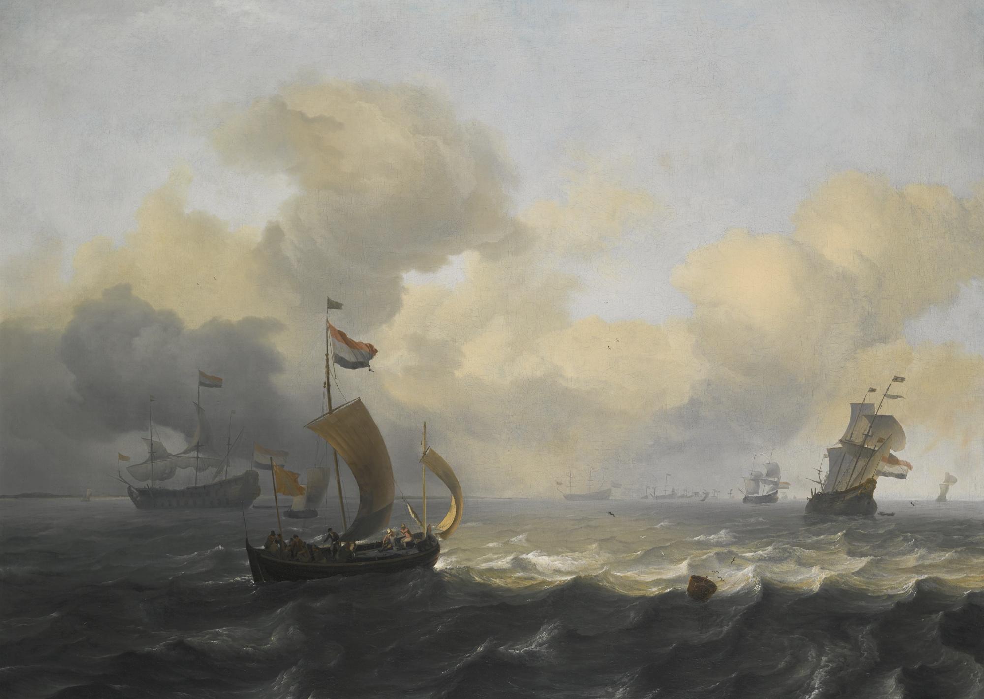 Ludolf Backhuysen - Dutch Vessels Off A Coastline On A Breezy Day