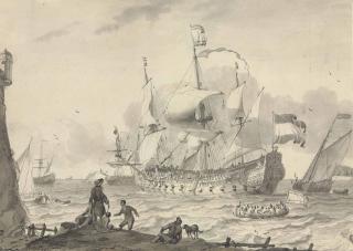 Ludolf Backhuysen - Ships At Sea, With Figures Watching From The Coastline