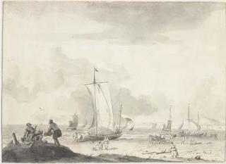 Ludolf Bakhuizen - A coastal scene with sailing boats and figures on a beach