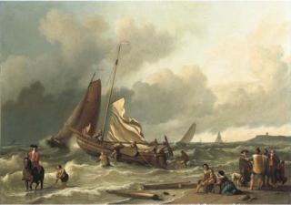 Ludolf Bakhuizen - A Dutch fishing boat in a squall with an elegant man on horseback in the shallow tide, other fishing vessels beyond