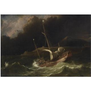 Ludolf Bakhuizen - A Flute In A Tempestuous Sea, Near A Strip Of Land  