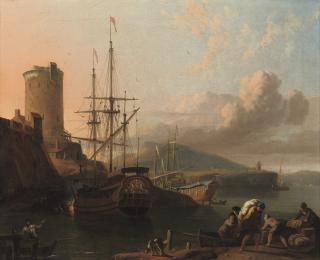 Ludolf Bakhuizen - A Mediterranean coastal scene at sunset with a royal yacht being caulked, a tower by a fort nearby, sailors unloading cargo in the foreground